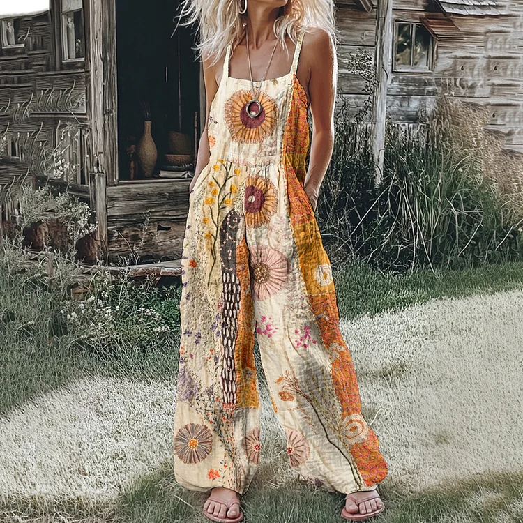 Women's Bohemian Floral Patchwork Linen Print Linen Jumpsuit
