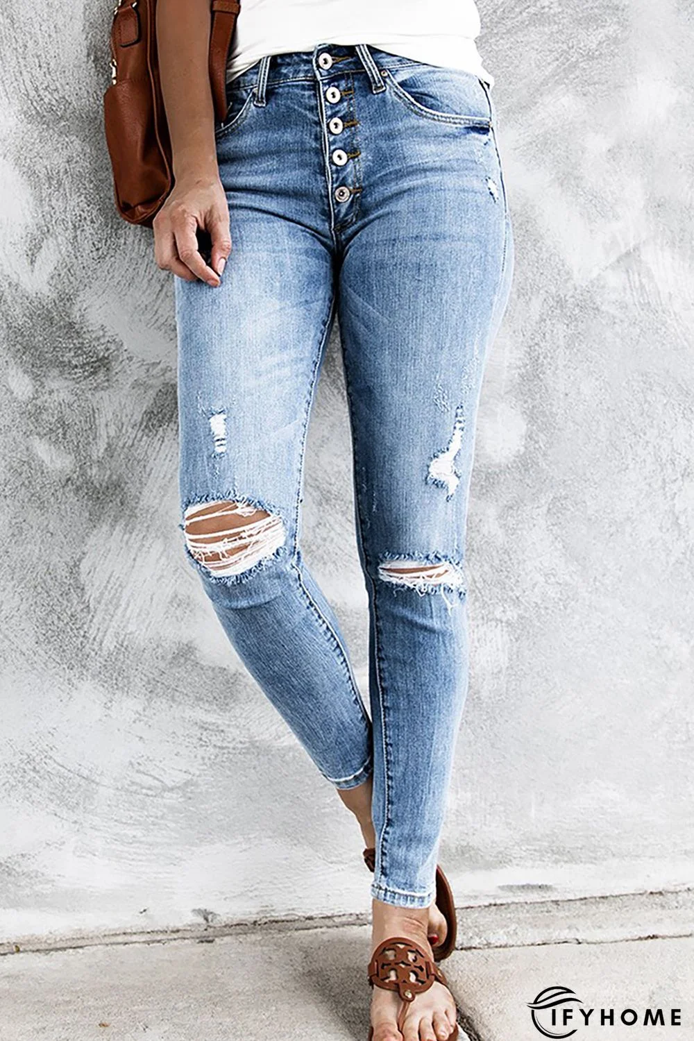 High Rise Button Fly Distressed Slim-fit Jeans | IFYHOME