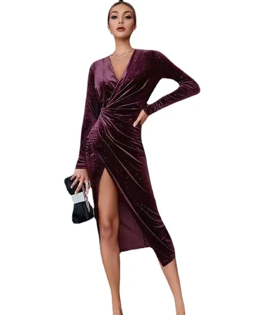 Churchf Churchf Evening Dress Sexy Show Leg Long Sleeve Long Skirt Dress Golden Velvet Nightclub Dress
