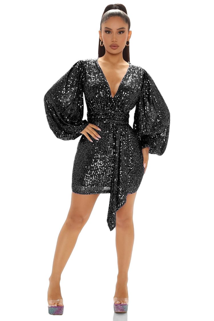 Sequin V Neck Longsleeves Wrap Party Cocktail Mini Dress