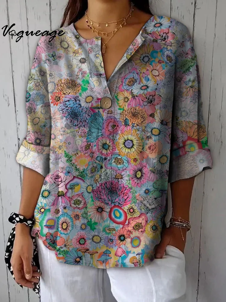 Gentle And Elegant And Versatile Daisy Printed Cotton And Linen Shirt
