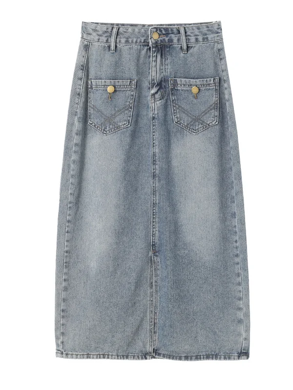 Pockets Split-front Split-Joint A-line Denim Skirts Bottoms