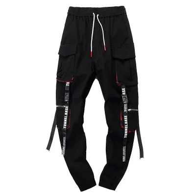 Ueong Tide Ribbon Strap Foot Overalls Men's Tide Brand Personality Hip-Hop Multi-Pocket Ribbon Mouth Casual Trousers