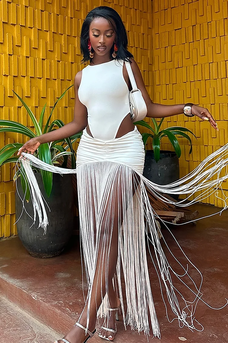 Sleeveless Bodysuit Ruched Fringed Maxi Skirt Matching Set-White