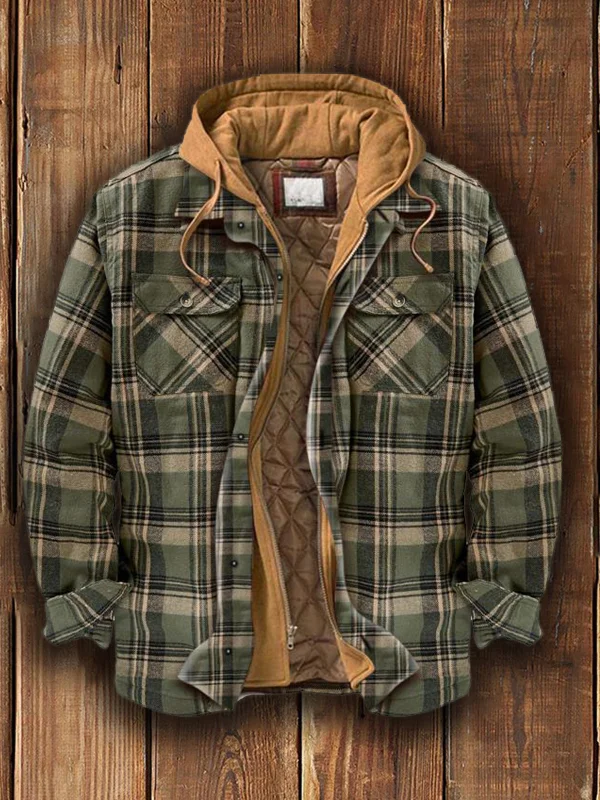 Men's Autumn and Winter Plaid Long Sleeve Loose Hooded Jacket
