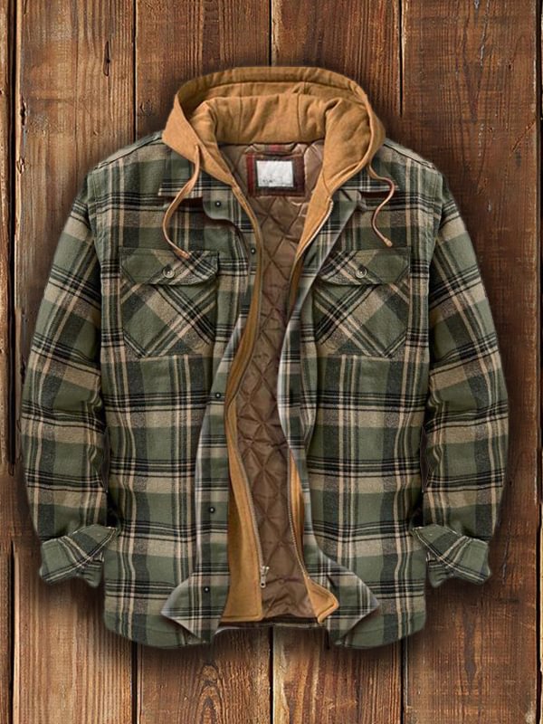 Men's Autumn and Winter Plaid Long Sleeve Loose Hooded Jacket