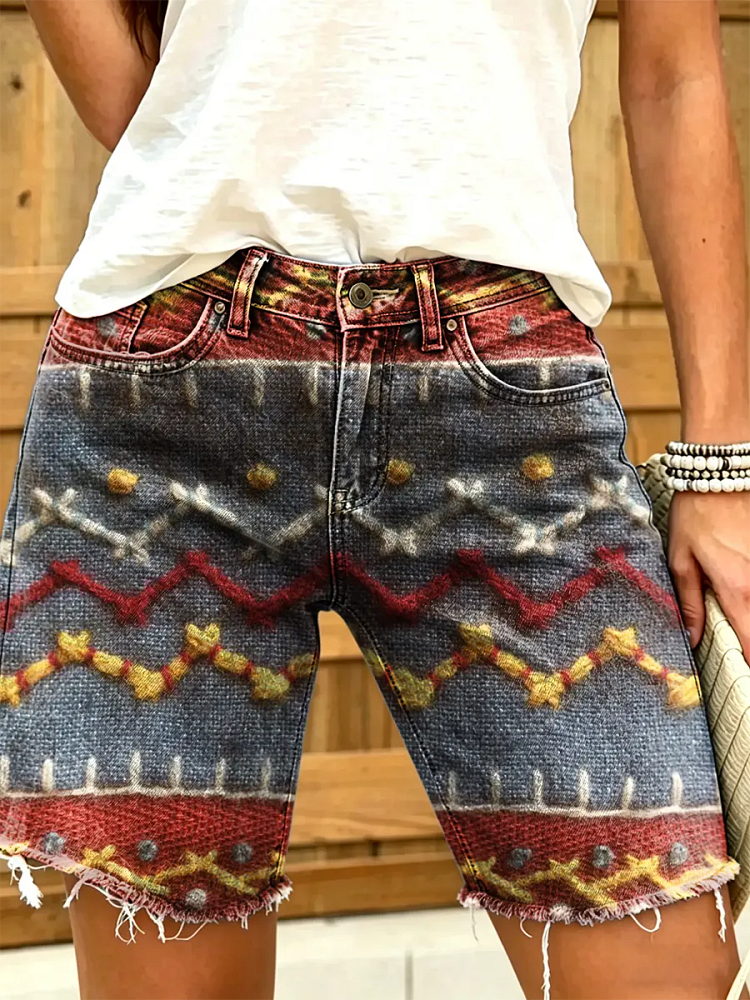Women's Vintage Print Denim Shorts