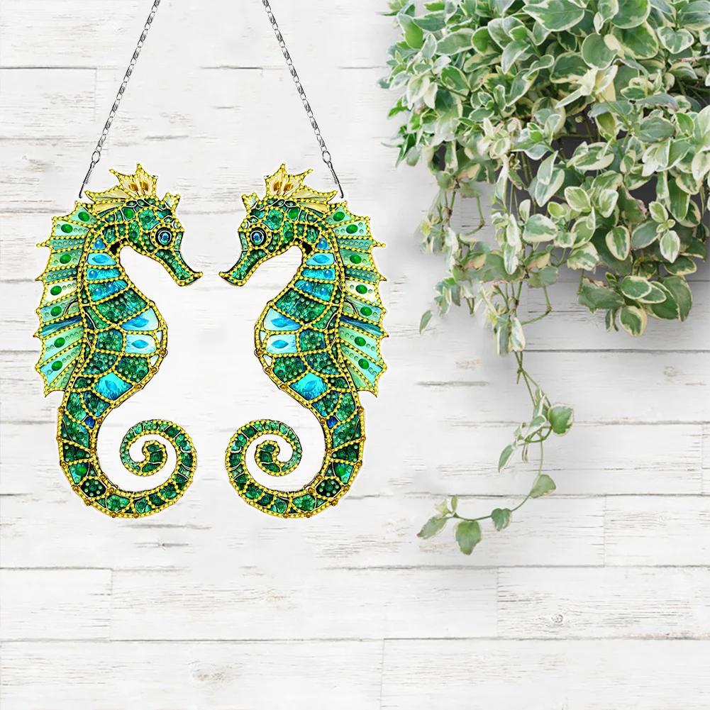 2D Flat Seahorse DIY Diamond Art Pendant Window Hanging Art for Home Wall Decor