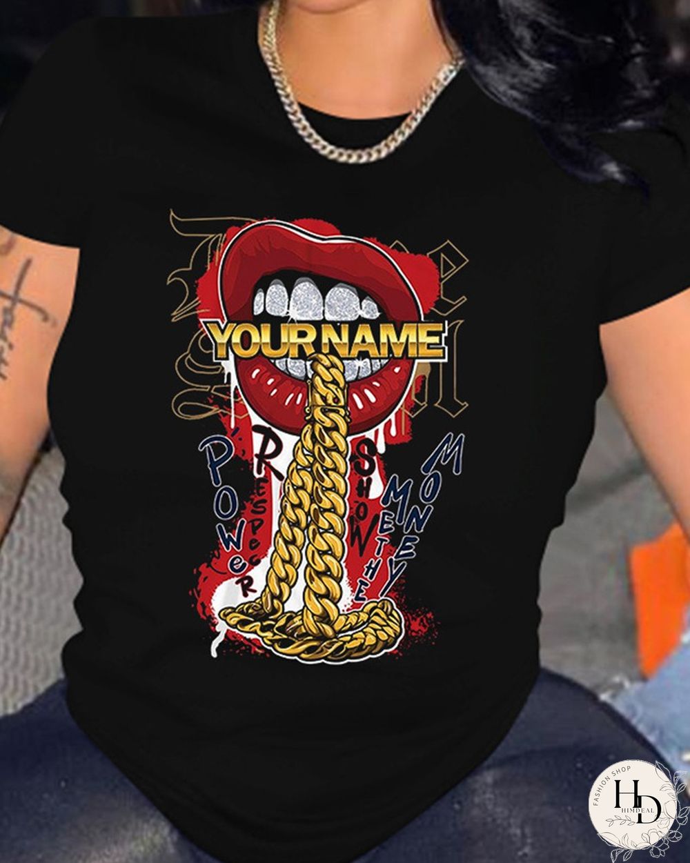 Round Neck Chain Lip Letter Print Tee