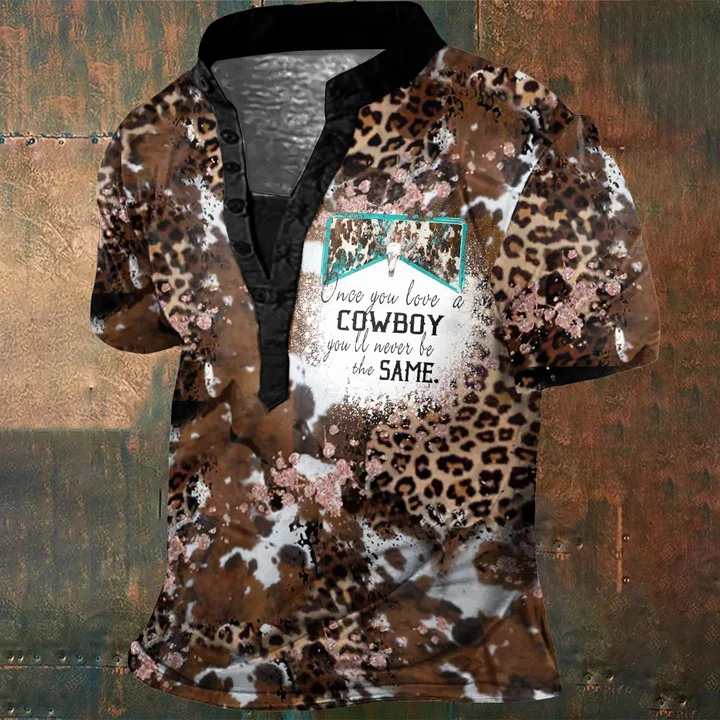 Broswear Western Leopard Texture Patchwork Bull Head  Henley T Shirt