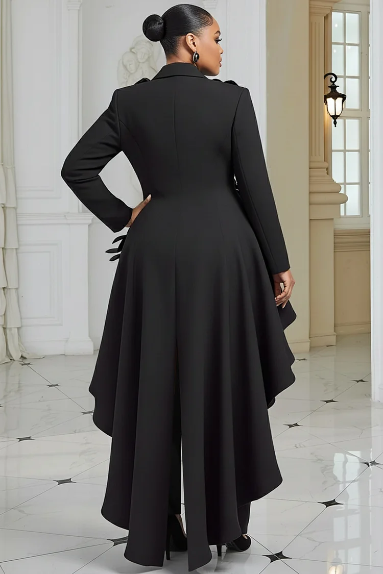 Xpluswear Design Plus Size Wedding Guest Black Lapel Collar Long Sleeve Asymmetric Hem Elegant 3D Two Piece Pant Suits