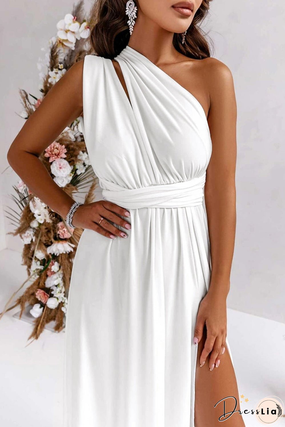 Elegant Solid Deep V Neck Split Dress