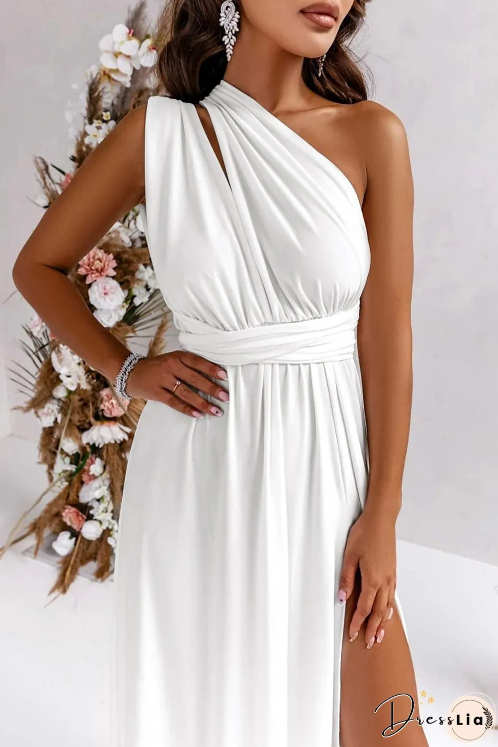 Elegant Solid Deep V Neck Split Dress