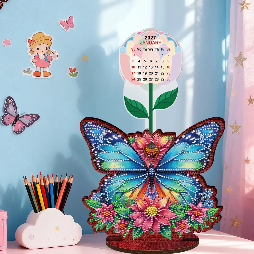 2026 Calendar DIY Diamond Art Kit Butterfly Wooden Diamond Painting Calendar