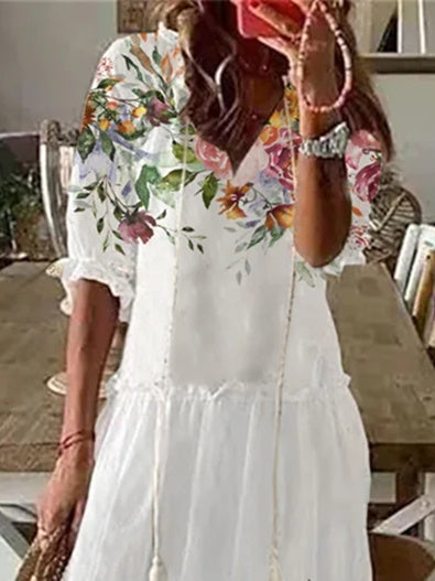 Women Half Sleeve V-neck Solid Color Dress