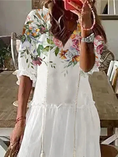 Women Half Sleeve V-neck Solid Color Dress