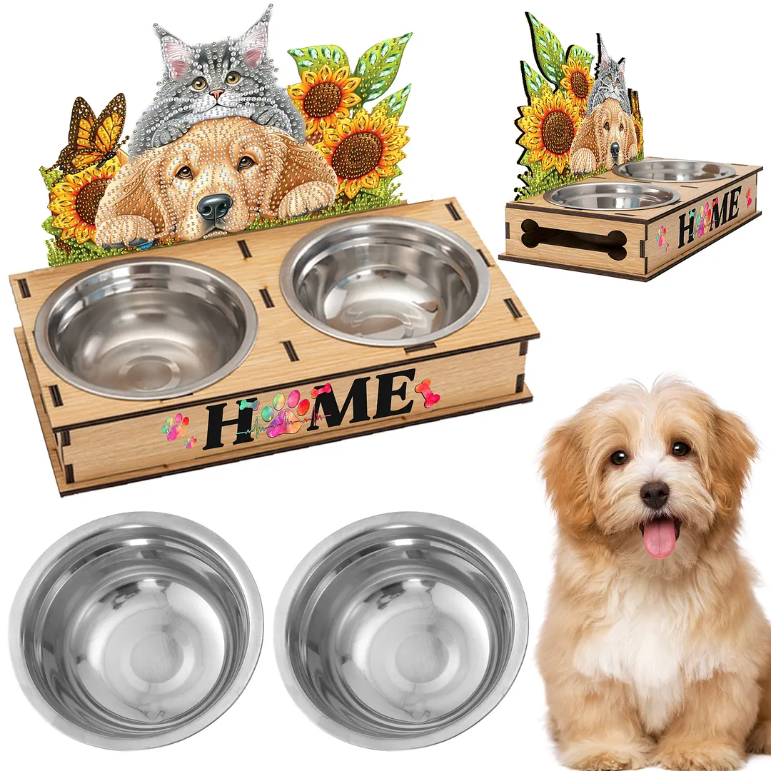 Diamond Painting Food Bowl with Wood Stand Diamond Art Dog Bowl for Small Dogs
