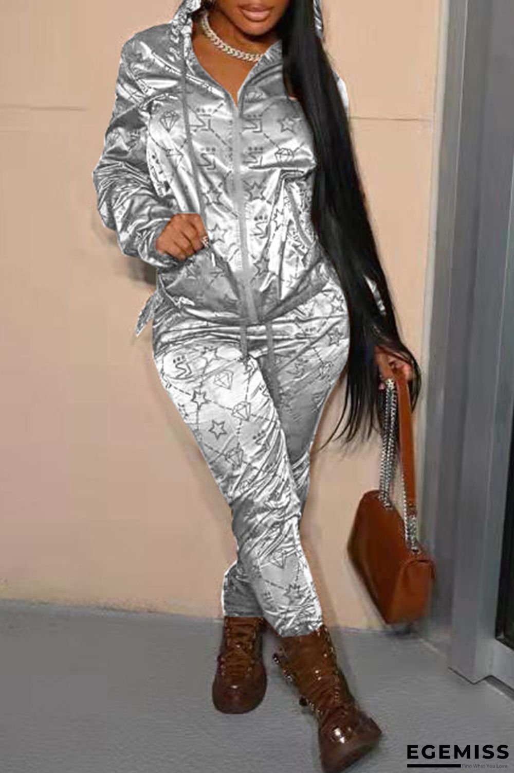 Silver Fashion Casual Print Patchwork Hooded Collar Long Sleeve Two Pieces | EGEMISS