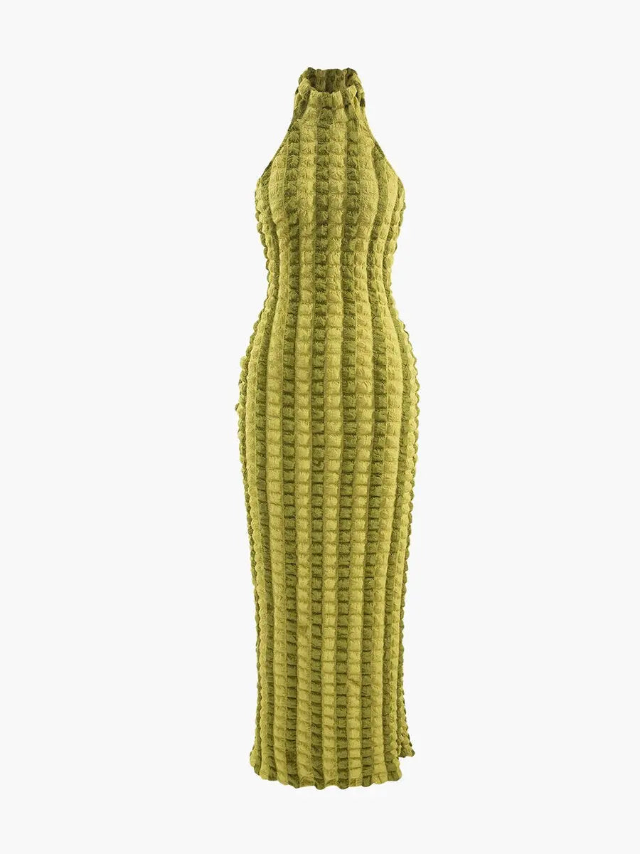 Striped High Collar Sleeveless Bodycon Maxi Dress