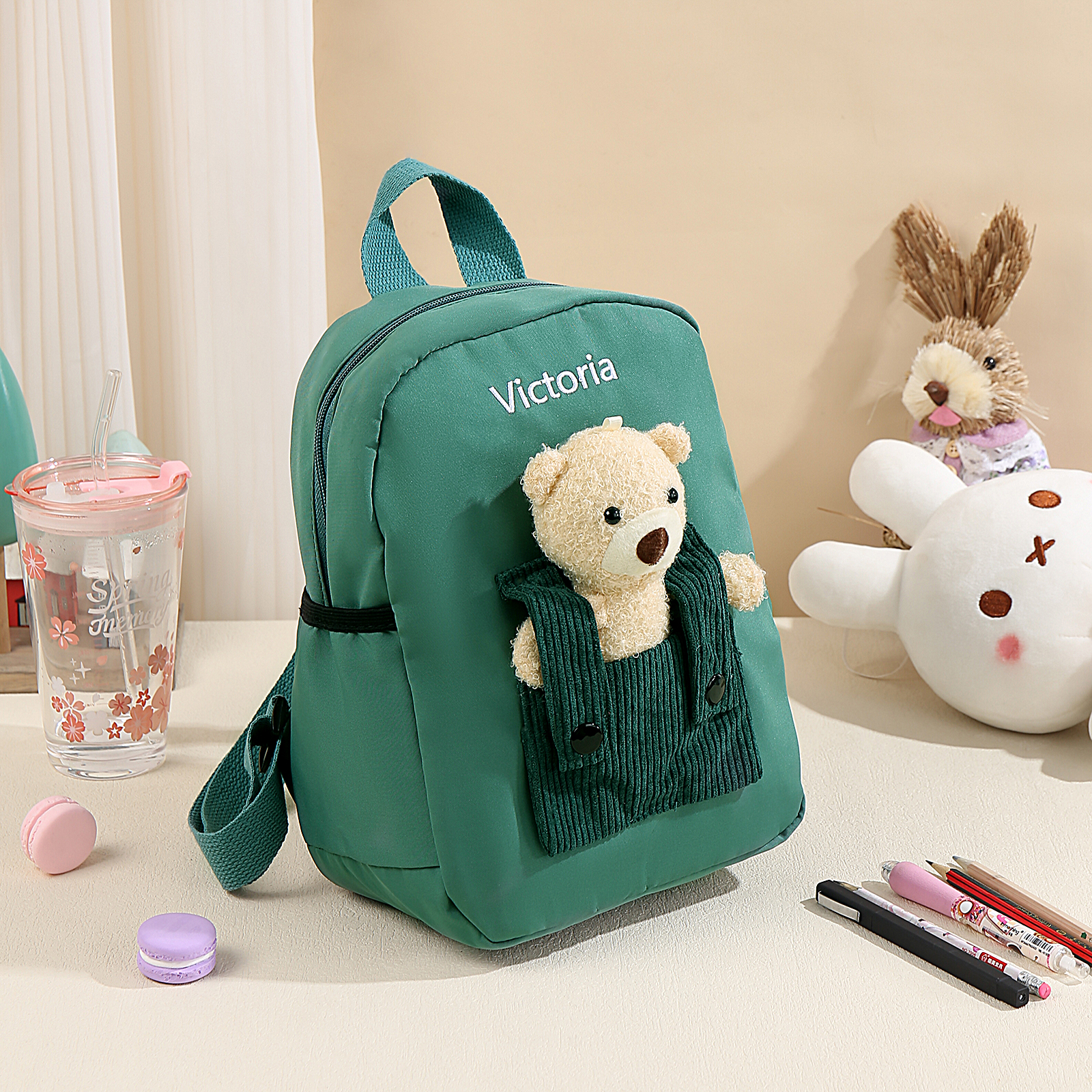 Personalised Bear School Bag Custom Name Canvas Backpack Back To School Gift for Kids-Jessemade AU