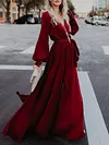 V-Neck Long Sleeves Belted Maxi Dress