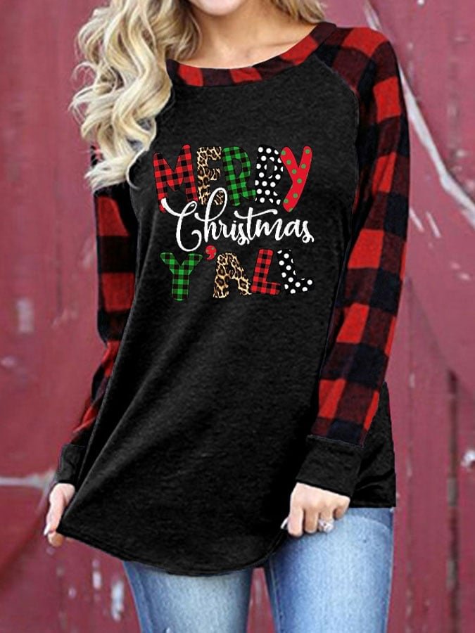 Women's Merry Christmas Yall Leopard Print Colorblock Plaid T-Shirt