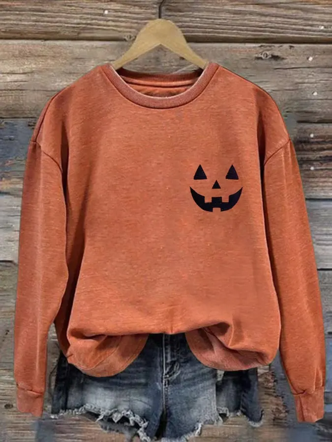 Women's Jack-O-Lantern Halloween Print Round Neck Sweatshirt 