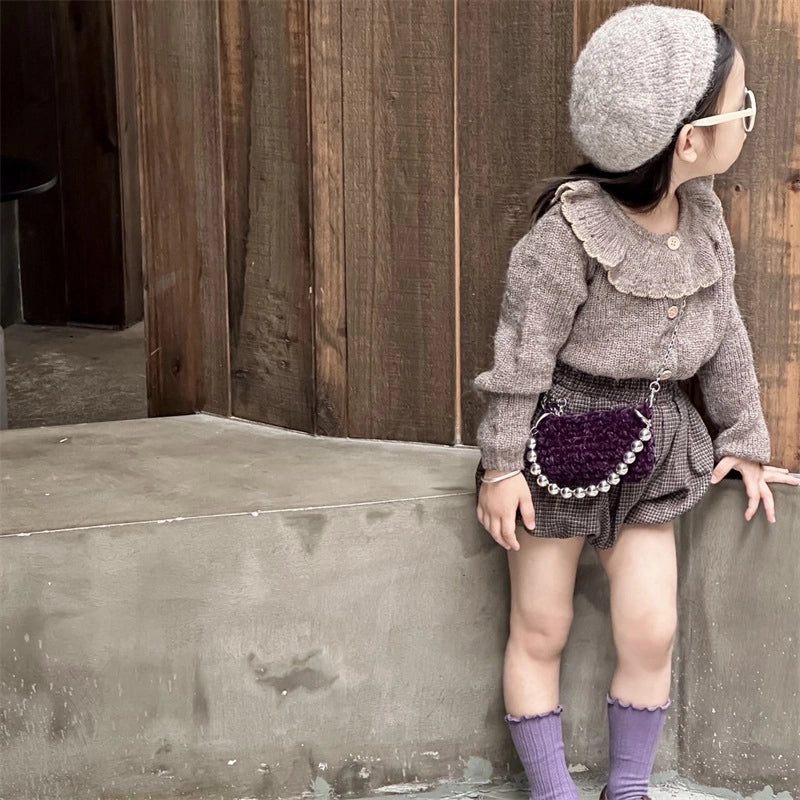 Kid’S Woolen Solid Color Elegant Classic Style Weave Square Open Shoulder Bag