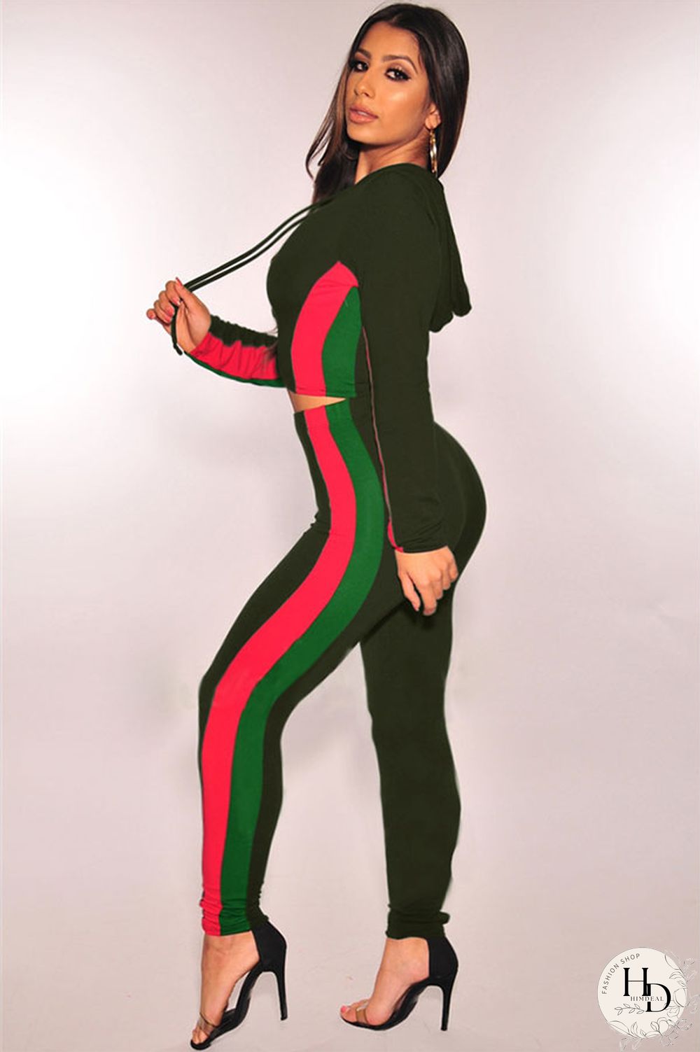 Army Green Long Sleeve Patchwork Pants Two-piece suit