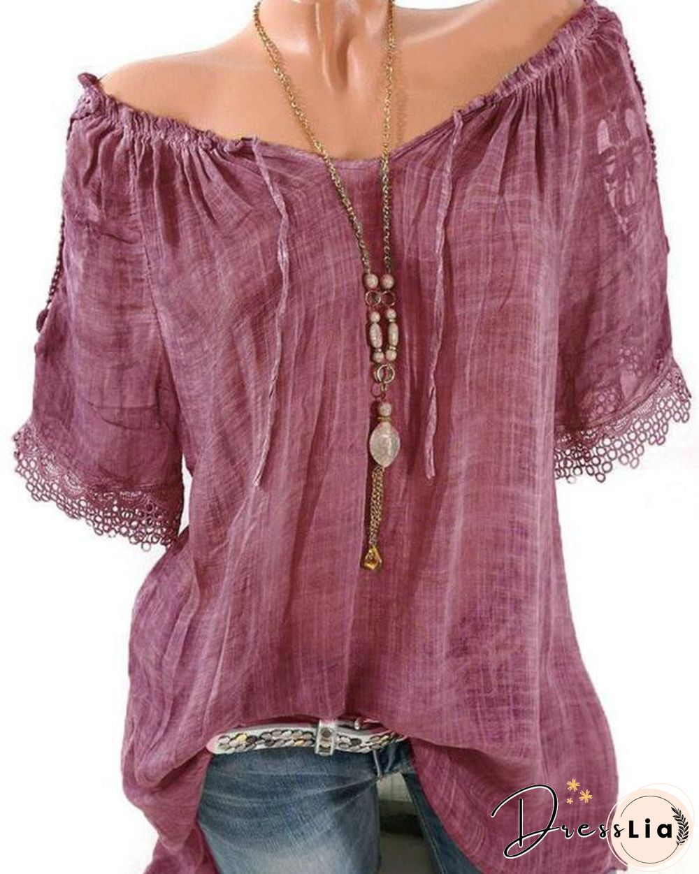 Lace Crochet Short Sleeve Pure Color Women's Shirts