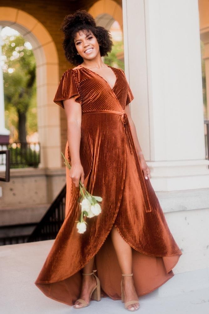 Andi Ribbed Velvet Wrap Dress | Copper
