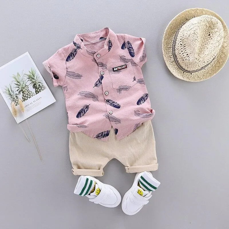 Summer Shirt Set for Toddler Baby Boy Clothing Suit New Fashion Feather Print Set Infant Boys Clothes Set