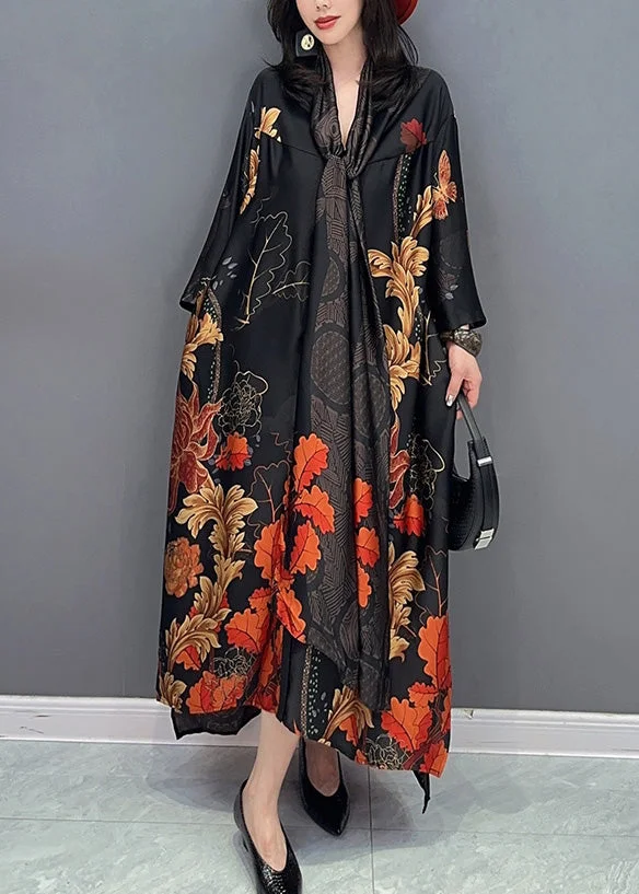 Casual Black V Neck Print Robe Dresses Summer