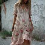 Vintage Pink Roses Lace Ruffle Flowy Linen Midi Dress - Image 2