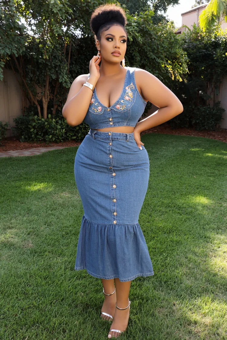 Floral Embroidery Top Fishtail Midi Skirt Denim 2pcs Set-Blue [Pre Order]