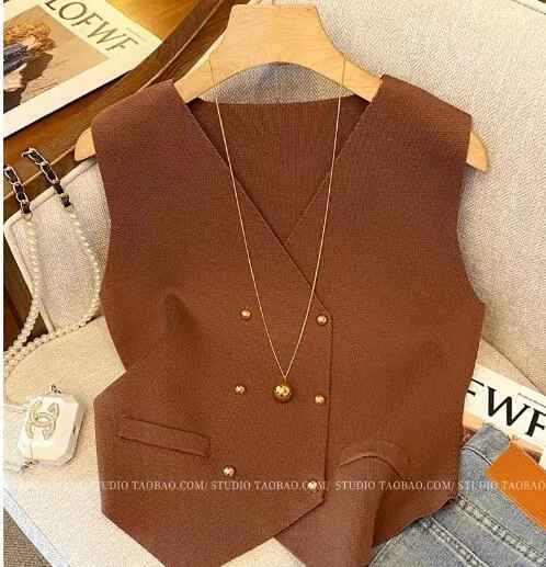 Uveng Uveng Style V Collar Knitted Shirt Vest Vest Women's Spring Shirt Folded Through The Cane Outside With Sleeveless Horse Clip Top