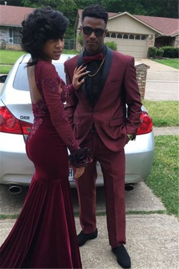 Burgundy Bespoke One Button Mens Tux For Wedding With Black Shawl | Ballbellas Ballbellas