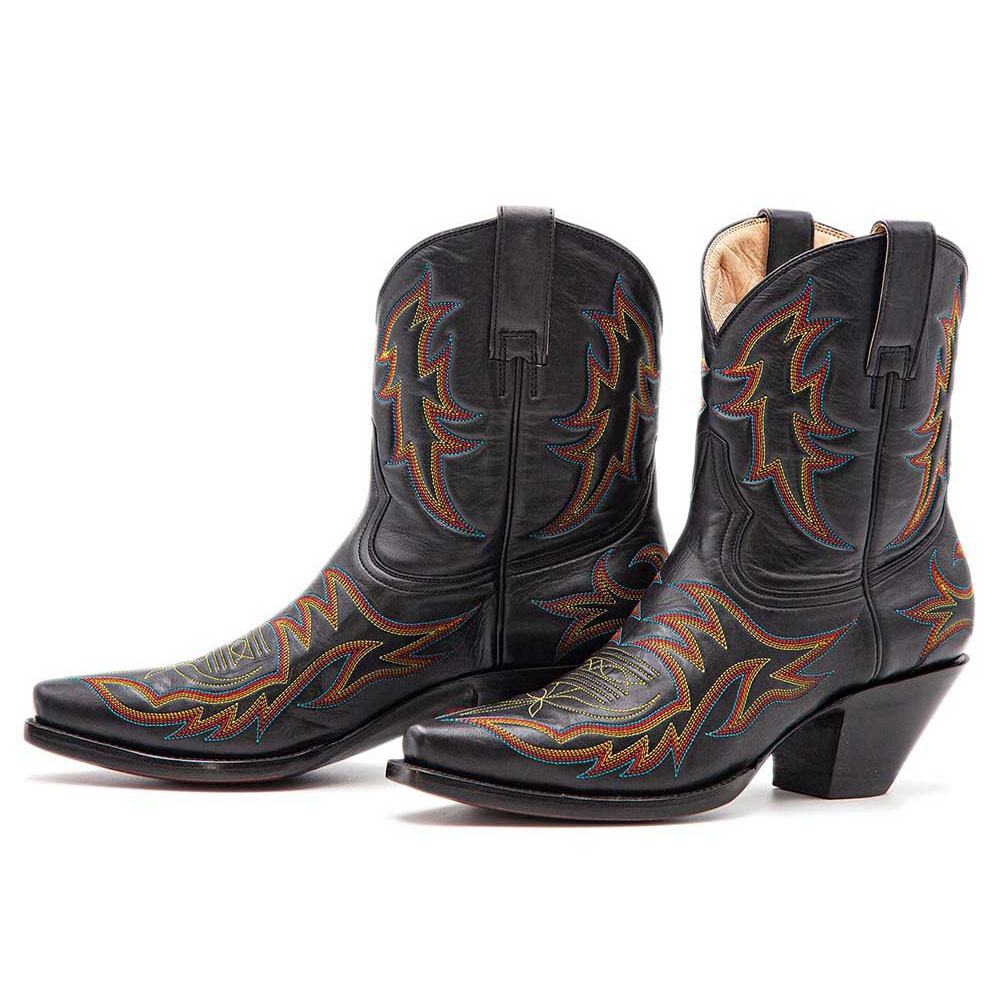 Black Snip Toe Chunky Heel Embroidered Cowgirl Ankle Boots for Women Nicepairs