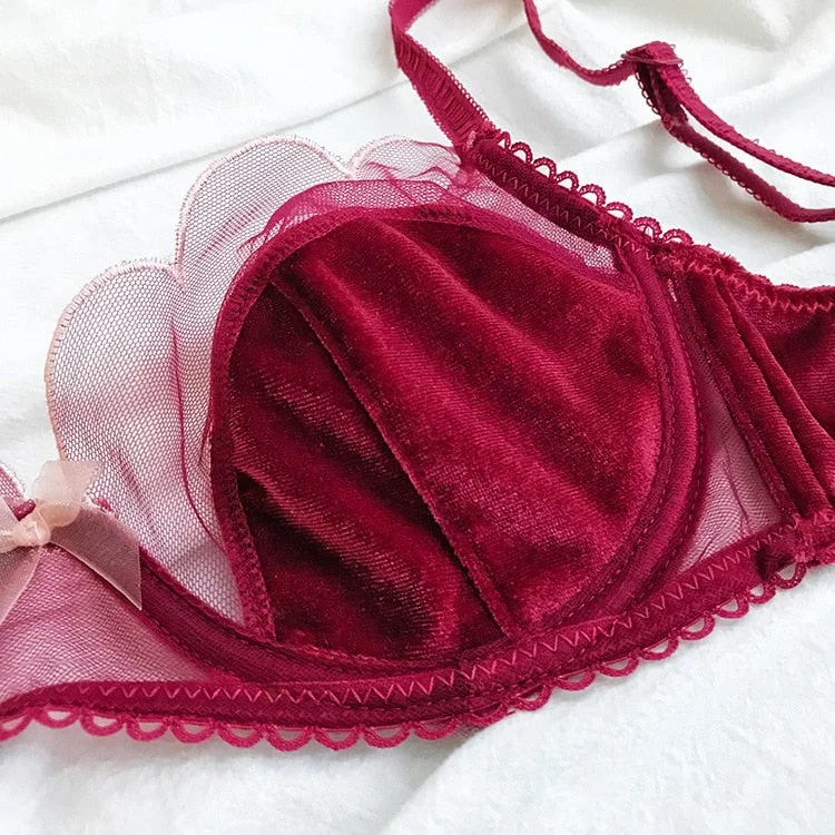 Velvet and lace contrast color comfortable sexy bra set ultra-thin breathable underwear women cute sweet girl lingerie set