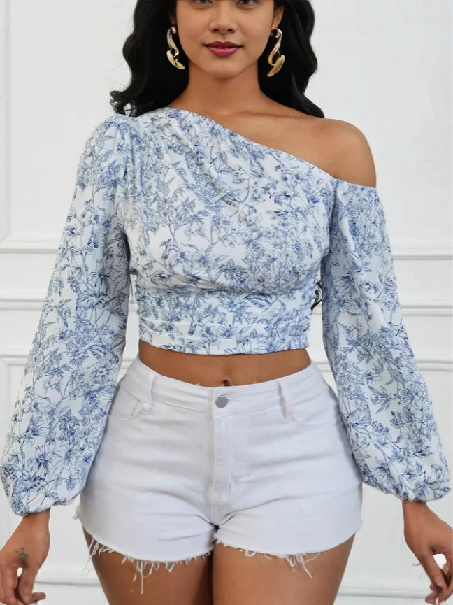 Nigikala Nigikala Women's Short Blue Broken Flowers With Asymmetric Shoulder Bubble Sleeve Shirt Autumn Women's Clothing