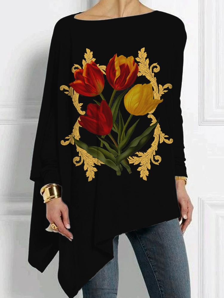wearshes Vintage Tulip Botanical Art Bat Sleeve T Shirt