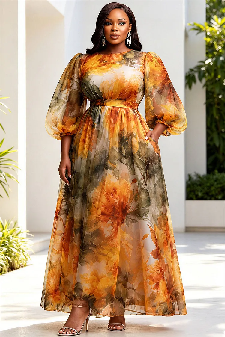Xpluswear Design Plus Size Formal Orange Floral Round Neck Lantern Sleeve 3/4 Sleeve Pocket Organza Maxi Dresses [Pre-Order] 2024 - Xpluswear