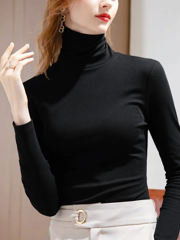 Simple 9 Colors High-Neck Long Sleeves T-Shirt Top