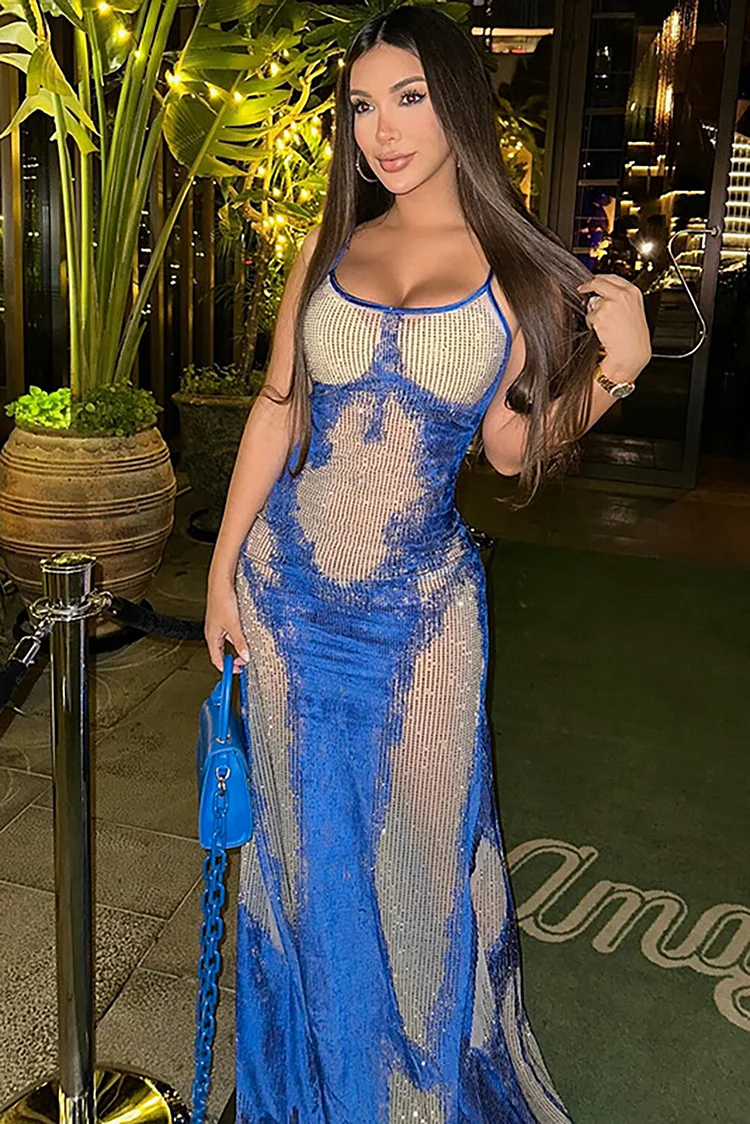 Dyeing Print Slim Fit Strappy Maxi Dresses-Blue