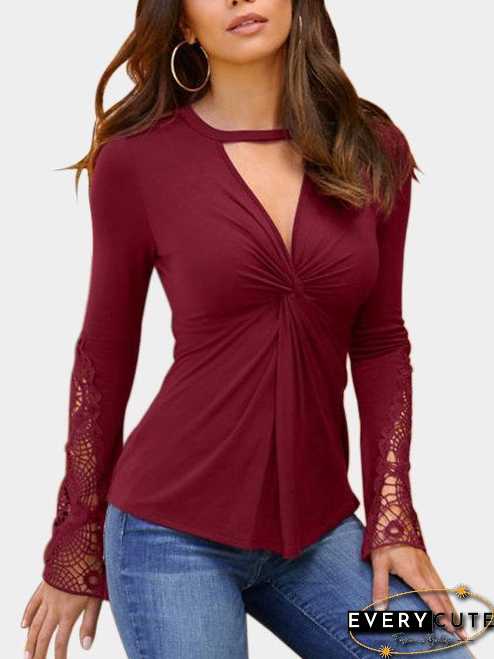 Lace Detail Twist Knot Design V-neck Long Sleeves Blouse