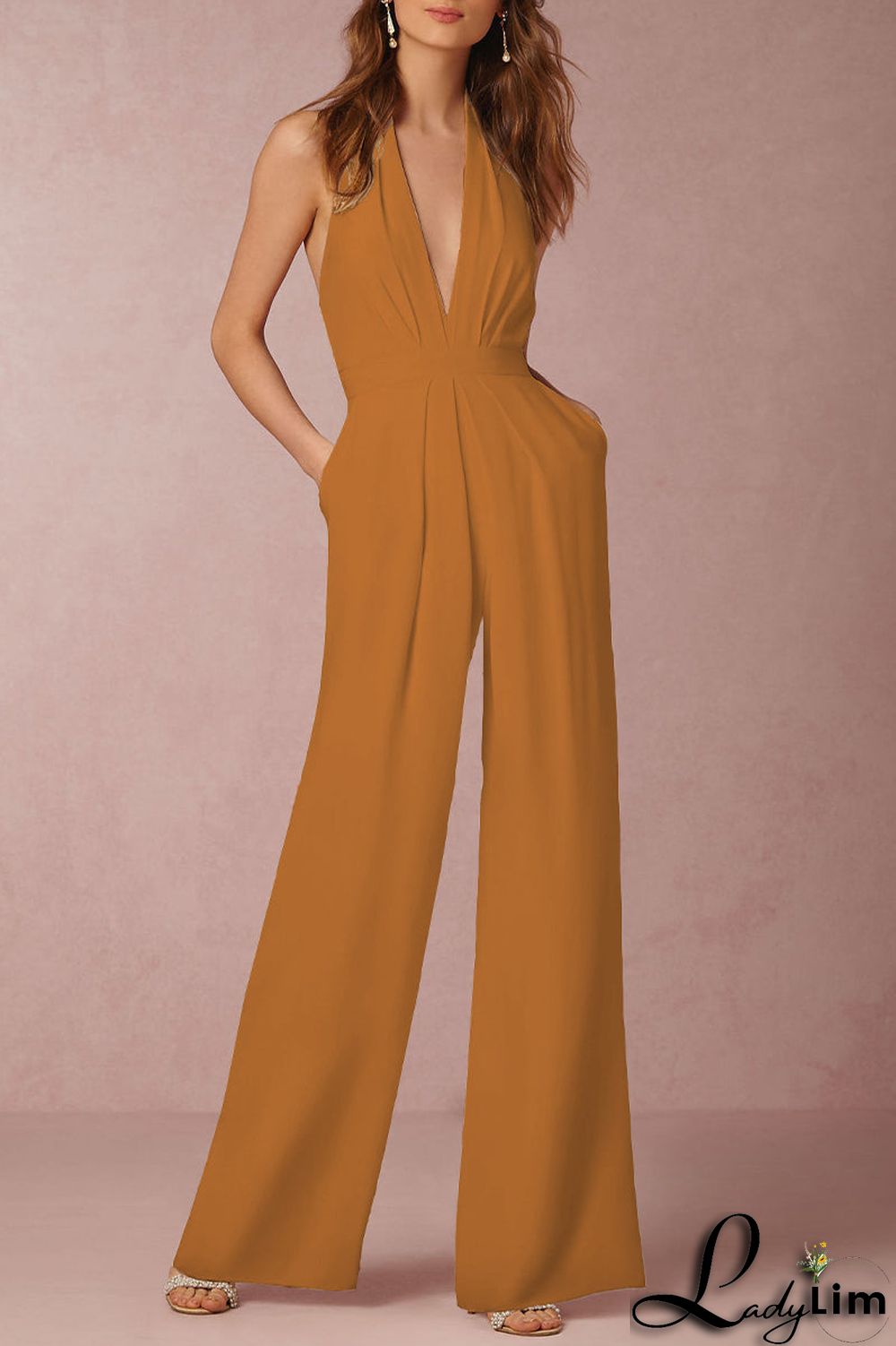 Sexy Elegant Solid Backless Fold V Neck Regular Jumpsuits(12 Colors)