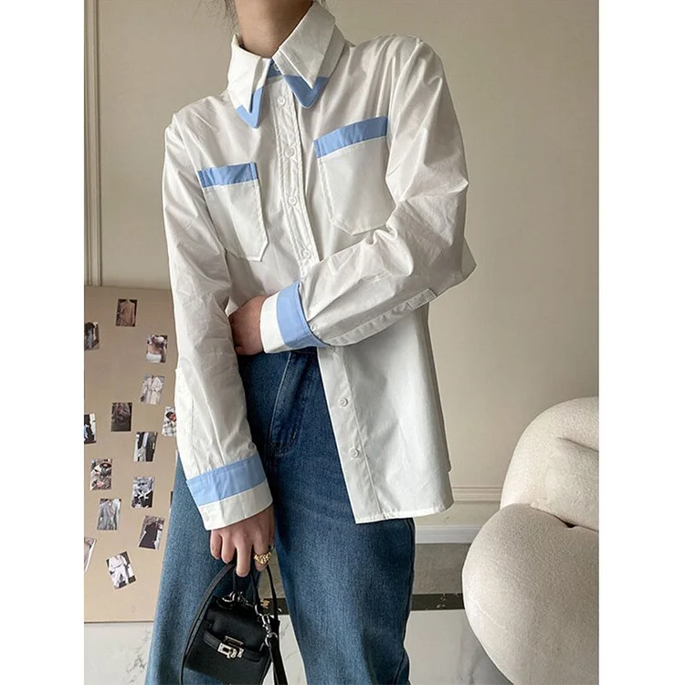 Fashion Loose Double Lapel Blue & White Color Contrast Long Sleeve Shirt 