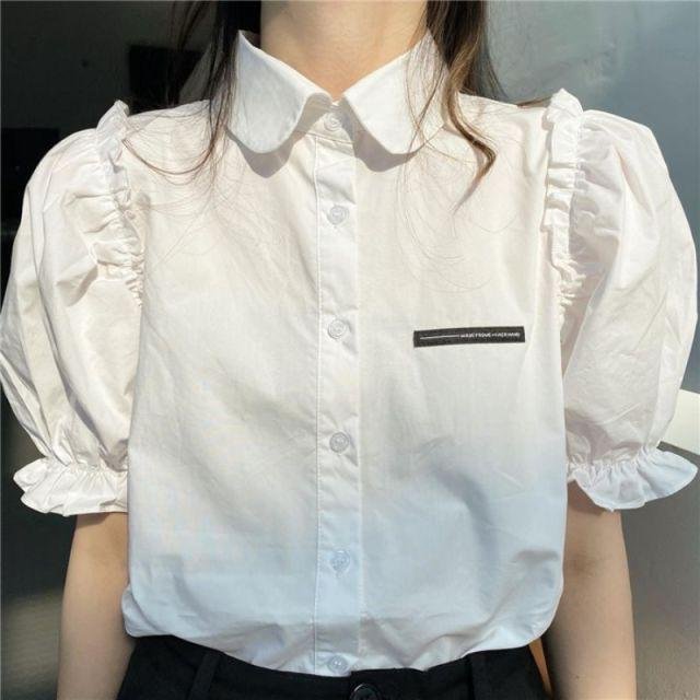 Women Shirts Short Puff Sleeve Trendy Casual Patch Designs Sweet Female Streetwear Korean Style Ruffles Lovely Blouses Elegant - Shop Trendy Women's Fashion | TeeYours