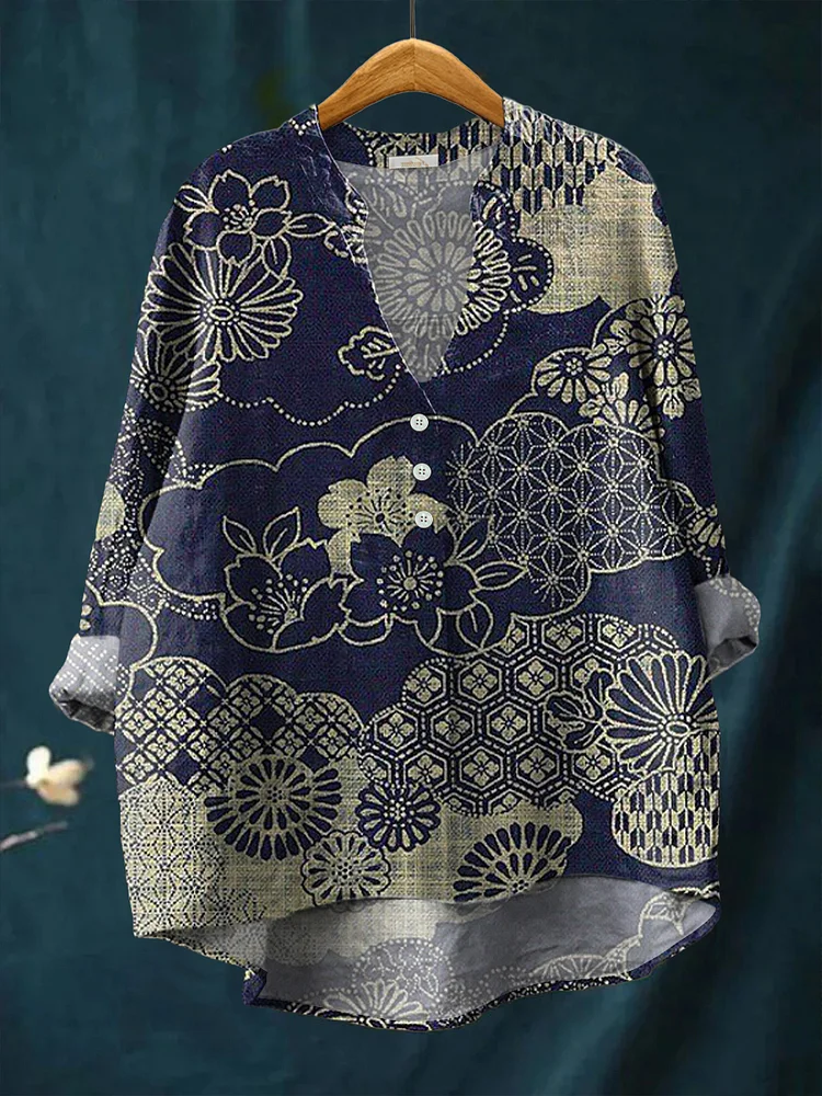Women's Vintage Geometric Floral Totem Art Print Casual Cotton And Linen Ruffle Shirt
