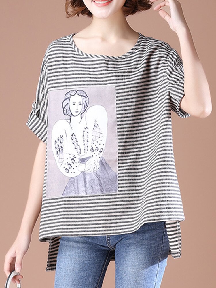 Stripe Cartoon Print Short Sleeve Loose T shirt For Women P1665081